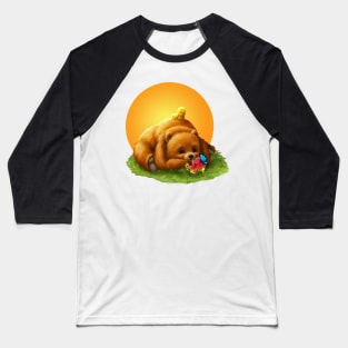 Cute Grizzly Bear and Yellow Bird in Sunset Baseball T-Shirt